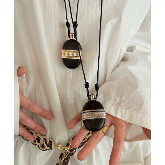 New Chinese Style Leather And Wood Oval Pendant Sweater Necklace Ethnic Retro Long Chain