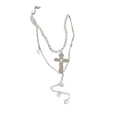 Korean Style Faux Pearl Double Layer Cross Pendant Sweater Necklace Geometric Collarbone Choker view 5
