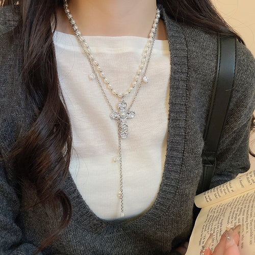 Korean Style Faux Pearl Double Layer Cross Pendant Sweater Necklace Geometric Collarbone Choker