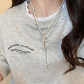 Korean Style Faux Pearl Double Layer Cross Pendant Sweater Necklace Geometric Collarbone Choker view 3
