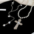 Korean Style Faux Pearl Double Layer Cross Pendant Sweater Necklace Geometric Collarbone Choker view 2