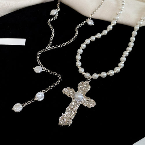 Korean Style Faux Pearl Double Layer Cross Pendant Sweater Necklace Geometric Collarbone Choker