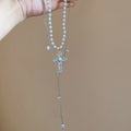 Korean Style Faux Pearl Double Layer Cross Pendant Sweater Necklace Geometric Collarbone Choker view 4