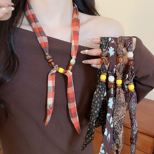 Vintage Ethnic Fabric Wood Bead Resin Geometric Round Sweater Necklace