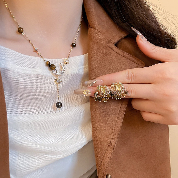 Maillard Style Zircon Firework Tiger Eye Tassel Stud Earrings Necklace Jewelry Set For Women