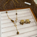 Maillard Style Zircon Firework Tiger Eye Tassel Stud Earrings Necklace Jewelry Set For Women view 2
