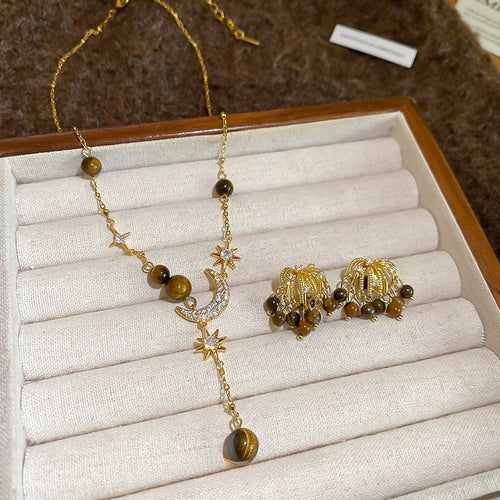 Maillard Style Zircon Firework Tiger Eye Tassel Stud Earrings Necklace Jewelry Set For Women