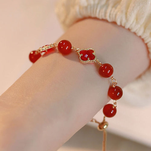 Red Agate Look Artificial Crystal Beaded Flower Adjustable Chinese Style Bangle