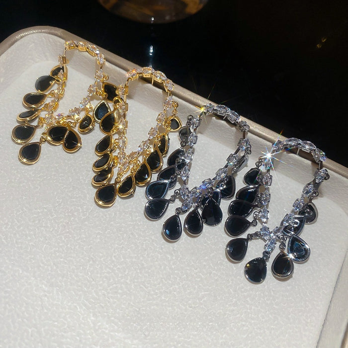 18K Gold Plated Copper Teardrop Zircon Stud Earrings With Silver Posts Vintage Court Light Luxury