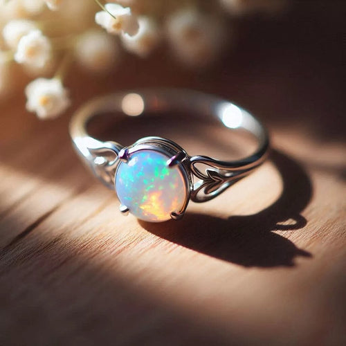 Round Geometric Faux Opal Ring For Women Heart Line Metal Style Korean Vintage Fashion Jewelry