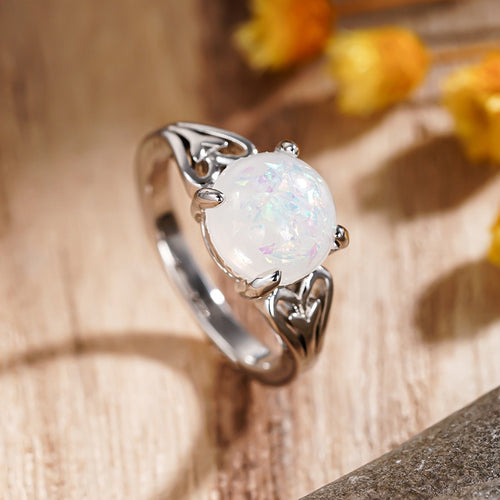 Round Geometric Faux Opal Ring For Women Heart Line Metal Style Korean Vintage Fashion Jewelry