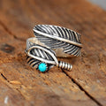 Vintage Adjustable Open Ring For Women Faux Turquoise Feather Texture Antique Finish Jewelry view 5