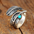 Vintage Adjustable Open Ring For Women Faux Turquoise Feather Texture Antique Finish Jewelry view 1