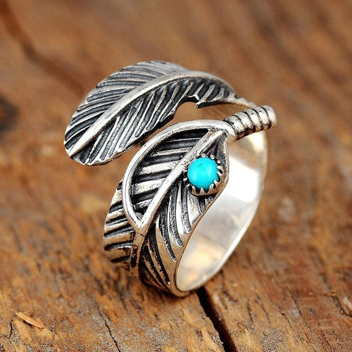 Vintage Adjustable Open Ring For Women Faux Turquoise Feather Texture Antique Finish Jewelry
