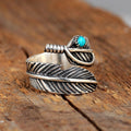 Vintage Adjustable Open Ring For Women Faux Turquoise Feather Texture Antique Finish Jewelry view 2