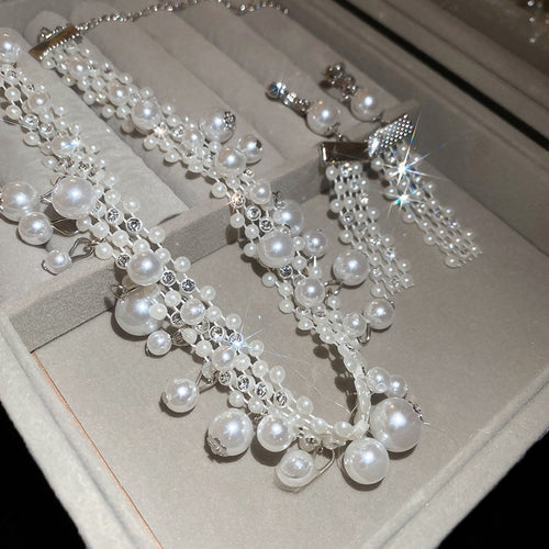 French Vintage Faux Pearl Rhinestone Tassel Necklace And Ear Clip Jewelry Set
