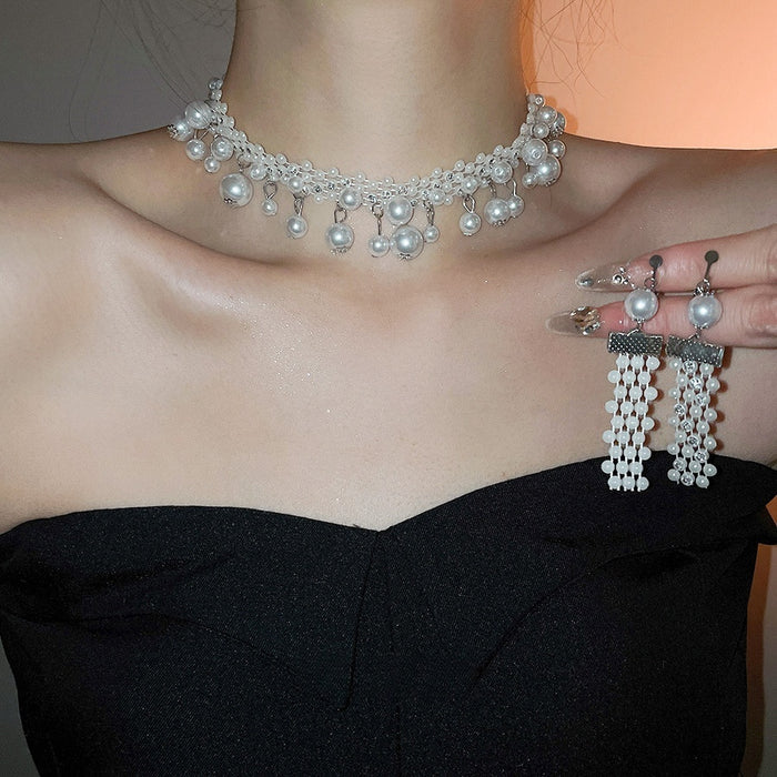 French Vintage Faux Pearl Rhinestone Tassel Necklace And Ear Clip Jewelry Set