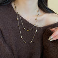 18K Gold Plated Faux Pearl Tiger Eye Stone Necklace Maillard Vintage Geometric Round Sweater Chain view 3