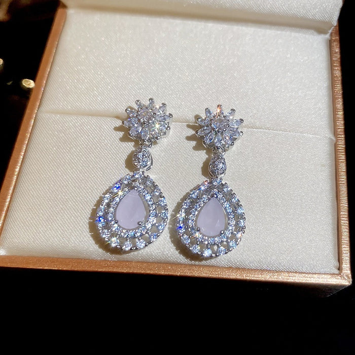Copper Zircon Flower Hollow Teardrop Drop Earrings Elegant Delicate High End Women's Jewelry