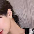 Japanese Korean Elegant Oil Painted Stud Earrings With Faux Pearl Diamond Quadrilateral Design view 3