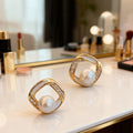 Japanese Korean Elegant Oil Painted Stud Earrings With Faux Pearl Diamond Quadrilateral Design view 1