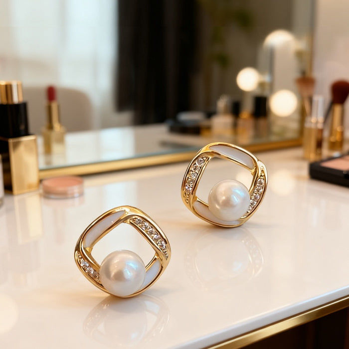 Japanese Korean Elegant Oil Painted Stud Earrings With Faux Pearl Diamond Quadrilateral Design