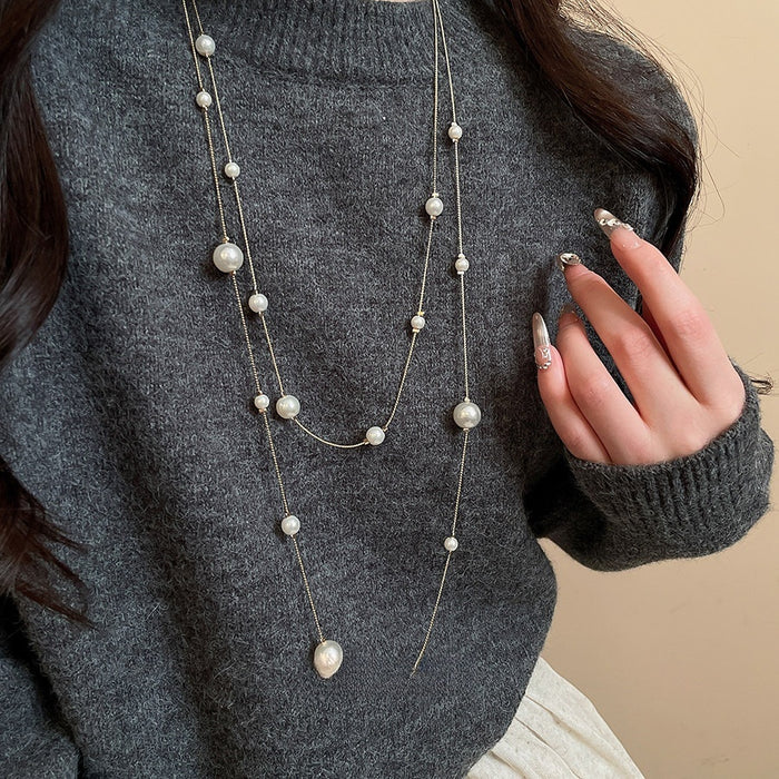 Double Layer Faux Pearl Sweater Necklace Elegant Round Geometric Light Luxury Choker