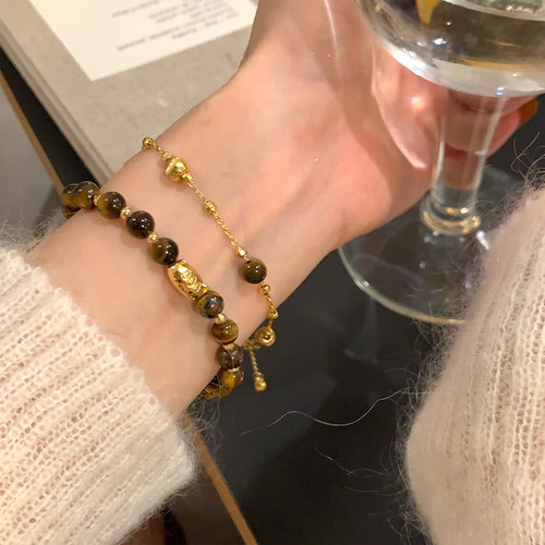 18K Gold Plated Tiger Eye Stone Beaded Bangle Geometric Round Maillard Style Bracelet