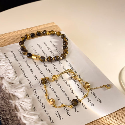 18K Gold Plated Tiger Eye Stone Beaded Bangle Geometric Round Maillard Style Bracelet