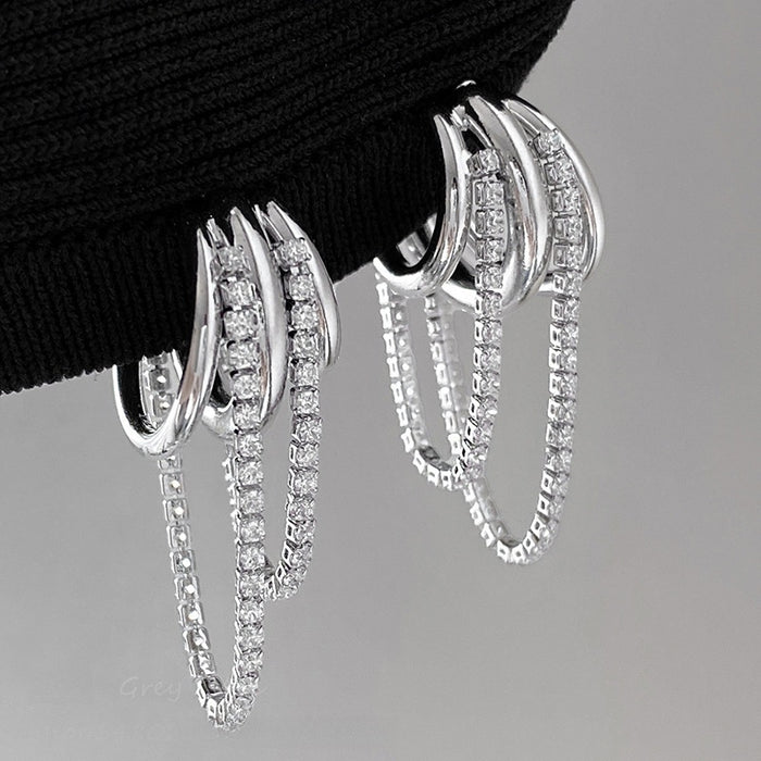 Copper Zircon Geometric Round Multi Layer Chain Tassel Drop Earrings Minimalist Luxury Style