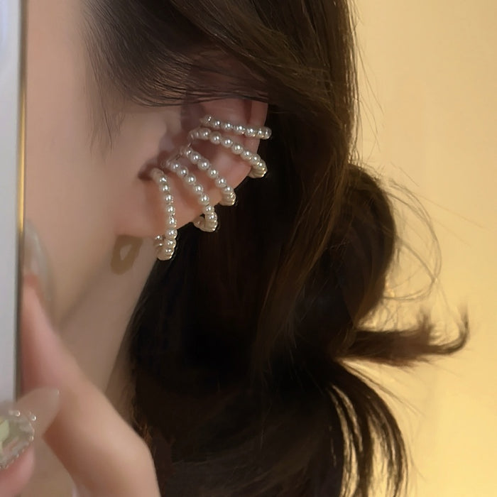 French Vintage Multi Layer Faux Pearl Hoop Clip-on Earrings, Light Luxury Geometric Ear Cuffs