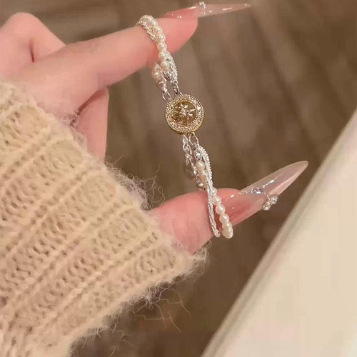 French Vintage Zircon Star Faux Pearl Bangle Elegant Light Luxury Women's Bracelet
