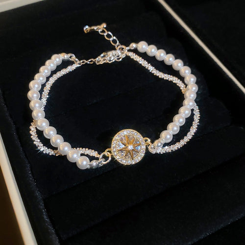 French Vintage Zircon Star Faux Pearl Bangle Elegant Light Luxury Women's Bracelet
