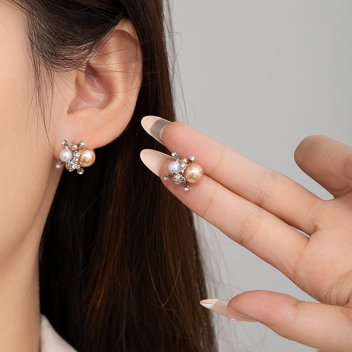 Elegant French Floral Pearl Stud Earrings With Rhinestone Inlaid Alloy Flower Cluster Luxury Earrings