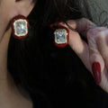Hong Kong Style Retro Alloy Square Stud Earrings With Rhinestone And Enamel Geometric Design view 2
