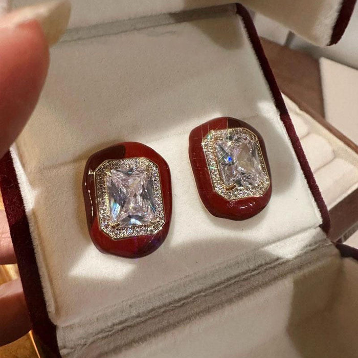 Hong Kong Style Retro Alloy Square Stud Earrings With Rhinestone And Enamel Geometric Design