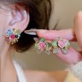 Light Luxury Glazed Glass Flower Stud Earrings Monet Garden Oil Painting Style Silver Needle Jewelry view 2