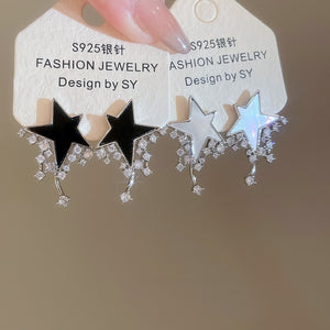 Light Luxury Shell Star Drop Earrings With Zircon Accents And Silver Needle Posts