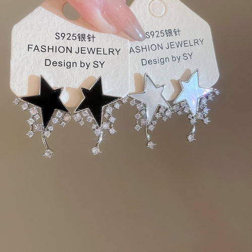 Light Luxury Shell Star Drop Earrings With Zircon Accents And Silver Needle Posts