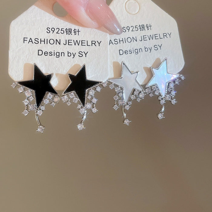 Light Luxury Shell Star Drop Earrings With Zircon Accents And Silver Needle Posts