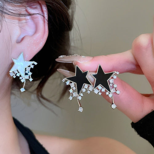Light Luxury Shell Star Drop Earrings With Zircon Accents And Silver Needle Posts