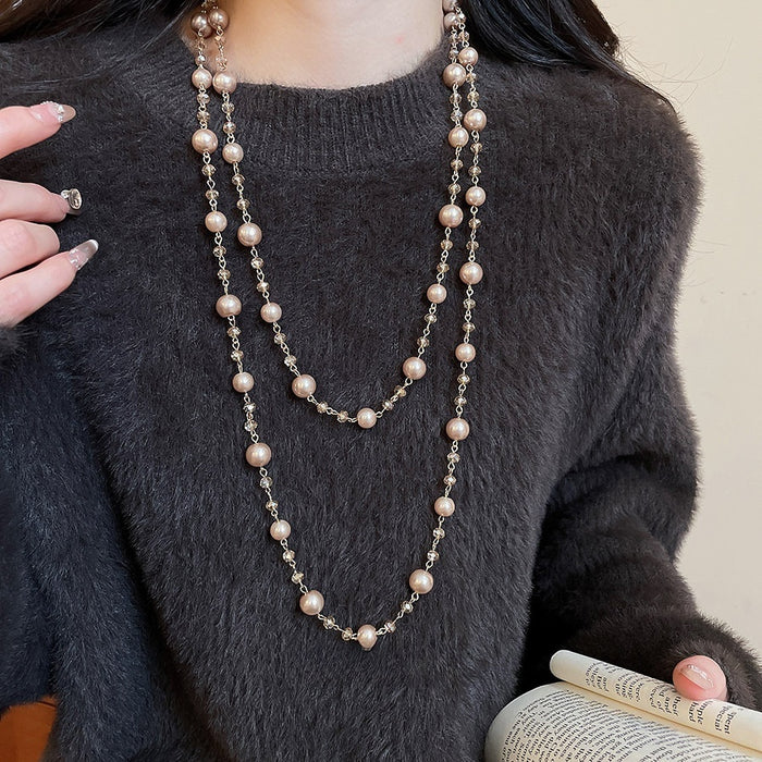 French Glass Beaded Faux Pearl Layered Sweater Necklace Retro Court Style Round Geometric Jewelry