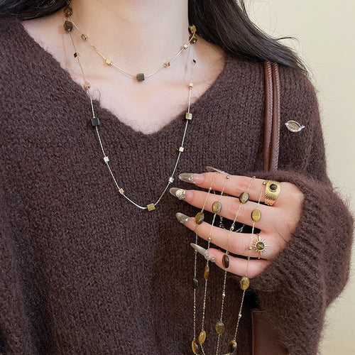 Maillard Style Copper Tiger Eye Oval Square Beaded Pendant Layered Sweater Necklace