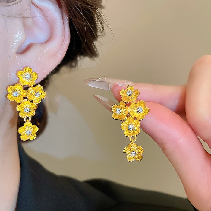 Electroplated Zircon Flower Pendant Drop Earrings With Silver Posts French Court Style