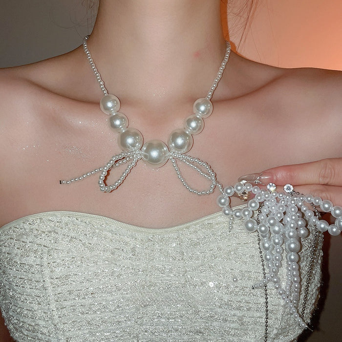 Light Luxury Bow Tassel Faux Pearl Necklace And Stud Earrings Jewelry Set