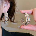 Copper C-Shaped Waterdrop Rhinestone Stud Earrings With Silver Posts, Minimalist Light Luxury Style view 3