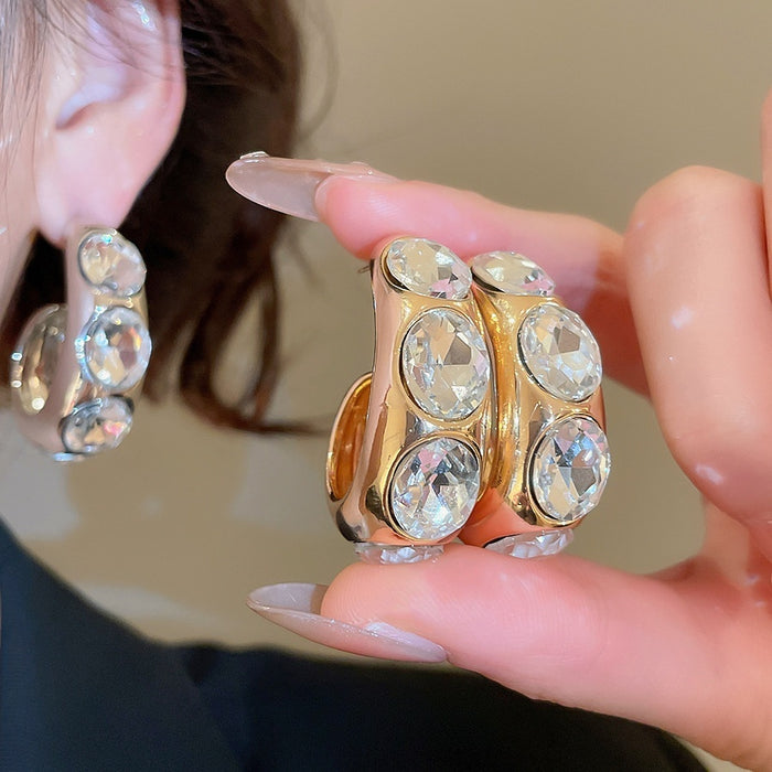 Copper C-Shaped Waterdrop Rhinestone Stud Earrings With Silver Posts, Minimalist Light Luxury Style