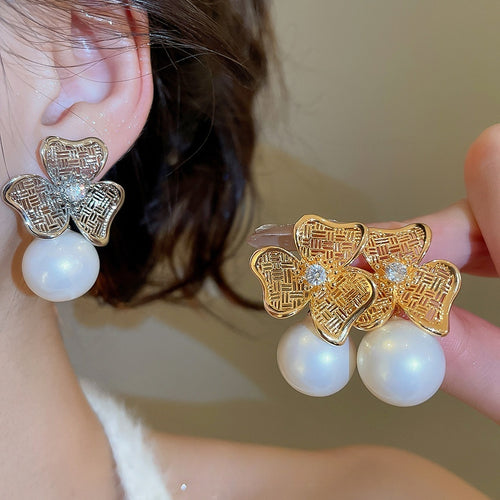 18K Gold Plated Silver Pin Zircon Flower Faux Pearl Stud Earrings French Vintage Light Luxury