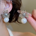 18K Gold Plated Silver Pin Zircon Flower Faux Pearl Stud Earrings French Vintage Light Luxury view 4