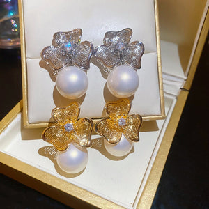 18K Gold Plated Silver Pin Zircon Flower Faux Pearl Stud Earrings French Vintage Light Luxury